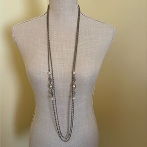 Long Silver-Tone Pearl Station Necklace - Women Jewelry